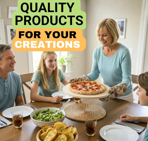 Family enjoying a meal at home with a woman serving pizza, shown with text 'Quality Products for Your Creations'