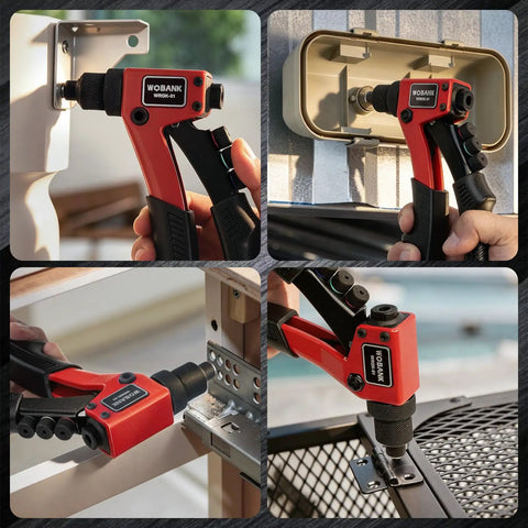 Rivet Gun Kit With 430 Aluminum Rivets, 4 Drill Bits And Protective Gloves In Portable Carrying Case For Home Workshop And Sheet Metal Projects, Great For Repairs And DIY Metalwork. Manual rivet gun on metal bracket