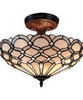 Vintage Tiffany Style Ceiling Lamp 17 Inch Wide With White Jeweled Stained Glass Chandelier Lighting For Dining Room, Antique Handcrafted
