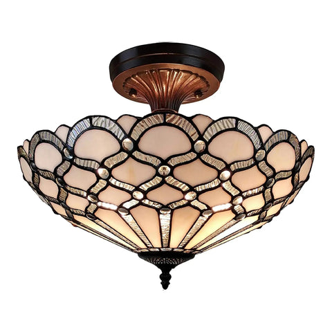 Vintage Tiffany Style Ceiling Lamp 17 Inch Wide With White Jeweled Stained Glass Chandelier Lighting For Dining Room, Antique Handcrafted