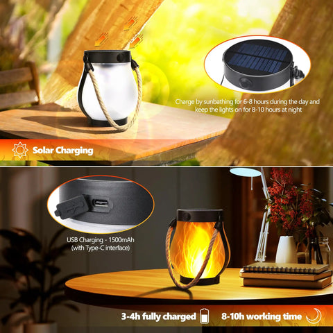Ultra Real Flame Solar Lanterns Outdoor Waterproof 2 Pack With Dual Charging Modes Solar And USB Warm White Glow display