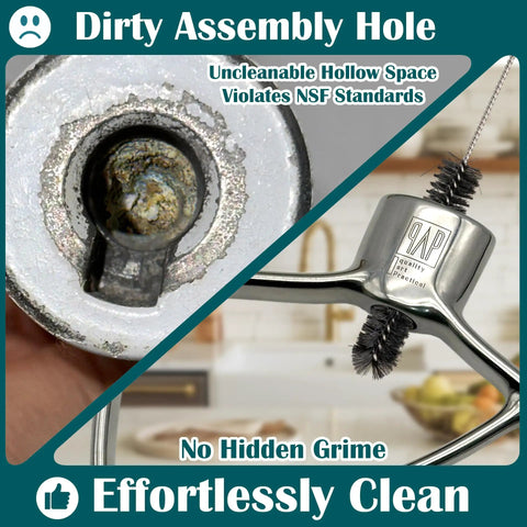 Comparison of a dirty assembly hole vs. clean design in stainless steel paddle flat beater for 4.5 to 5 quart mixers.