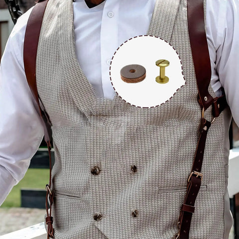 8 Pack Leather Suspender Lock Set With Washers For DIY Suspender Repairs And Replacing Buckles Works With Tool Bags Leather Vests And Belts Beefy Brass Locks Easy Install Great For Upgrading Old Gear on a man's vest.