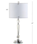 27 Inch Clear Crystal LED Table Lamp with White Linen Drum Shade, Modern Glam Candlestick, Chrome Base, 27 inches tall, ETL Listed.