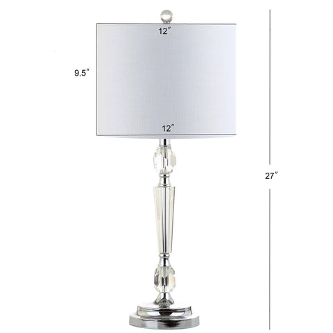 27 Inch Clear Crystal LED Table Lamp with White Linen Drum Shade, Modern Glam Candlestick, Chrome Base, 27 inches tall, ETL Listed.