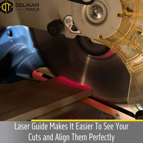 Delmar Tools miter saw laser guide installed on a portable saw; bright red laser line marks wood for precise cuts.