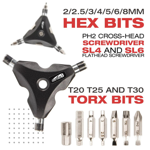 13 In 1 Y Wrench Bicycle Multi Tool with interchangeable bits displayed, close-up of hex and Torx bits, ergonomic handle visible