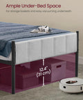 Solid Twin Bed Frame With Hella Comfy Upholstered Headboard And Sleek Metal Footboard showcasing ample under-bed space for storage.