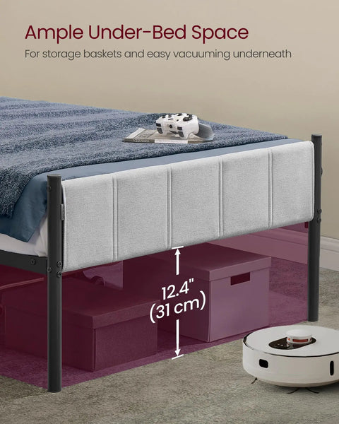Solid Twin Bed Frame With Hella Comfy Upholstered Headboard And Sleek Metal Footboard showcasing ample under-bed space for storage.