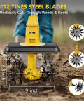 21V Cordless Tiller Cultivator with two 3.0Ah batteries and fast charger, 9-inch tilling width, cutting through soil and roots