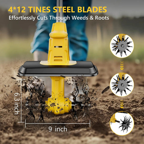 21V Cordless Tiller Cultivator with two 3.0Ah batteries and fast charger, 9-inch tilling width, cutting through soil and roots