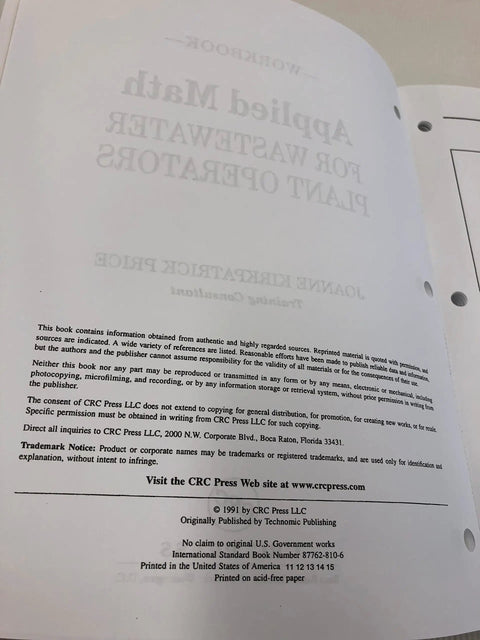 Applied Math Workbook For Wastewater Plant Operators cover page with title and author details, printed on acid-free paper.