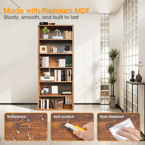 6 Tier Bookcase With Open Shelves 63 Inch Tall Rustic Brown Open Bookshelf with decorations in modern living room