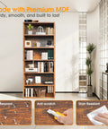 Industrial 6 Shelf Floor Standing Bookcase Tall 63 Inch Open Bookshelf With Anti Tip Device, rustic brown MDF in room setting