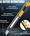 4 Pack Retractable Utility Knife with 9mm Snap Off Blades, close-up of black and yellow box cutter showing details.