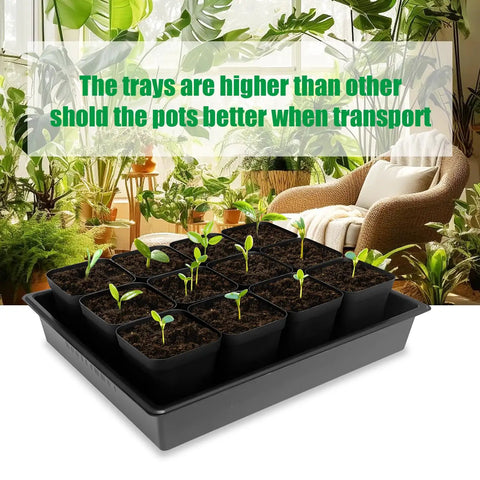 4 Inch Square Nursery Pots Kit With 60 Pots And 5 Seed Starter Trays for Germination and Propagation, shown in garden setting
