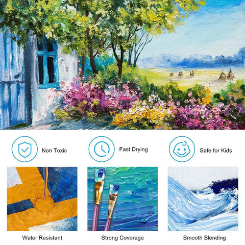 Top Notch Acrylic Paint Set With 31 Rich Colors And 10 Brushes for landscape painting, non-toxic, quick dry, smooth blending.