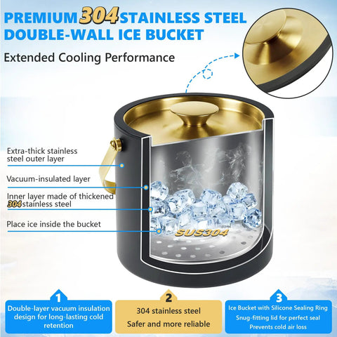 Premium Ice Bucket With Secure Silicone Lid Double Wall Vacuum Insulation Locks In Chill So Your Drinks Stay Frosty And Party Ready Black three liter champagne cooler bucket with ice inside.