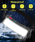 Rechargeable USB Headlamp Flashlight 1500 Lumen Wide Beam LED waterproof in rain with waterproof demonstration, 2 pack.