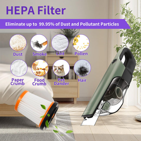 HEPA filter next to vacuum illustrating 99.95% dust removal, compatible with 6 Pack WV201 Wandvac Filter Replacement For Your Hand Vac ION W1 S87 WV200 WV201 WV205 WV201BK WV220 WV221 UV200CCO HEPA Fabric Filter Compatible With XHFWV200.