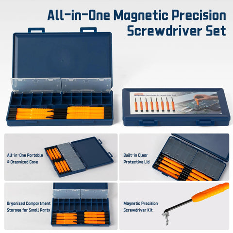 All In One Precision Screwdriver Set With Magnetic Tips And Storage Case, 8 In 1 Multi Tool displayed in blue case