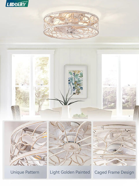 Total Game Changer Caged Ceiling Fan With Bright Light And Remote, Flush Mount Fandelier That Levels Up Your Farmhouse Room, Low Profile White And Gold Lace Look, Zero Hassle Install, unique caged frame design, golden painted finish.