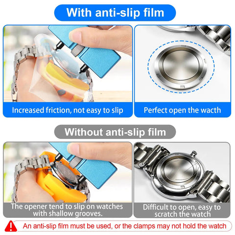 Grooved Watch Back Opener Kit For Notched Cases - Wrench Tool to rotate open grooved case back, showing anti-slip film use