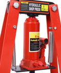 Heavy Duty Six Ton Hydraulic Shop Press With A Frame Benchtop And Adjustable Garage Floor Design Built Tough Carbon Steel Construction shows red hydraulic jack with a gauge.