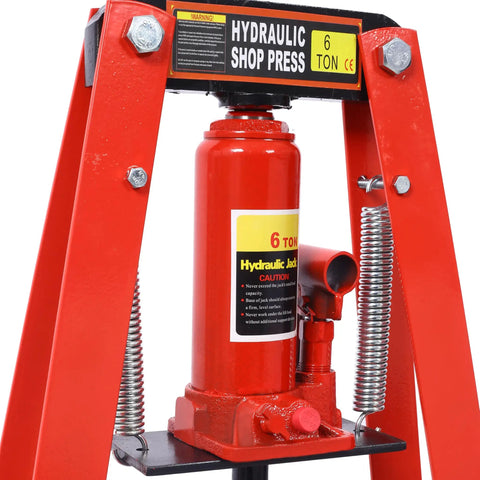 Heavy Duty Six Ton Hydraulic Shop Press With A Frame Benchtop And Adjustable Garage Floor Design Built Tough Carbon Steel Construction shows red hydraulic jack with a gauge.