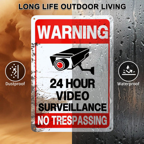 2 Pack No Trespassing Signs For Private Property With Round The Clock Video Surveillance Reflective Aluminum UV Protected Waterproof Security Camera Signs For Home Yard Fence Driveway 10 By 7 Inches, warning sign