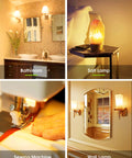 Collage of bathroom, salt lamp, sewing machine, and wall lamp in warm lighting.