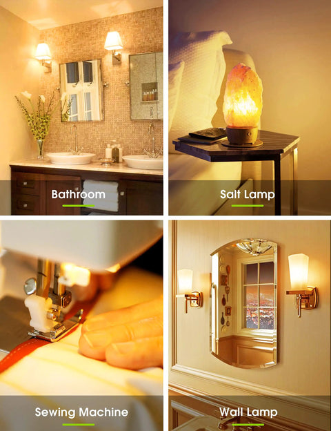 Collage of bathroom, salt lamp, sewing machine, and wall lamp in warm lighting.