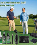 8 In 1 Golf Club Care Kit For Shine And Rust Removal With Cleaner, Brush, Groove Sharpener, Grip Cleaner, Polish, Magnetic Towel, Ball Towel, And Portable Bag Built For Pro Grade Club Cleaning. Golfers with kit on course.