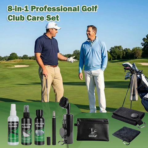 8 In 1 Golf Club Care Kit For Shine And Rust Removal With Cleaner, Brush, Groove Sharpener, Grip Cleaner, Polish, Magnetic Towel, Ball Towel, And Portable Bag Built For Pro Grade Club Cleaning. Golfers with kit on course.