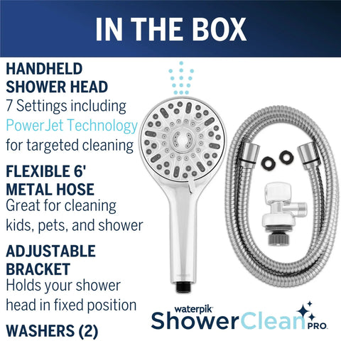 High Pressure Handheld Shower Head With Built In Power Jet And Multiple Spray Settings in chrome, hose, bracket, and washers included