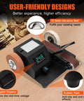 Built Tough Mini Belt Sander With Variable 350W Motor, Quiet Electric Grinder Sharpener For Wood Metal, features digital display and rubber feet.