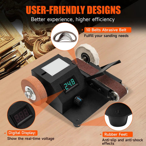 Built Tough Mini Belt Sander With Variable 350W Motor, Quiet Electric Grinder Sharpener For Wood Metal, features digital display and rubber feet.