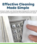 Hand using 70 Percent IPA Presaturated Electronic Cleaning Wipes, 50 Wipes Pack on a POS keypad for safe cleaning