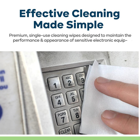 Hand using 70 Percent IPA Presaturated Electronic Cleaning Wipes, 50 Wipes Pack on a POS keypad for safe cleaning