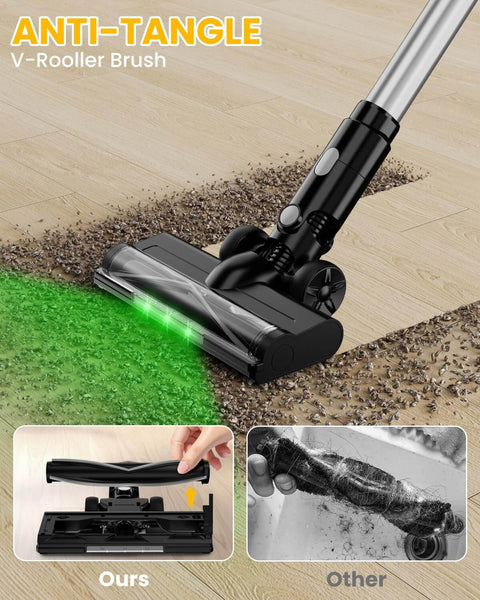 Cordless Vacuum Cleaner For Dewalt 20V Battery Compatible 7 In 1 Lightweight Stick Vacuum with anti-tangle roller on hardwood floor.