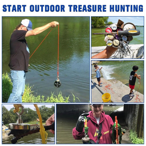 Collage of people using Beast Mode Neodymium Fishing Magnet With 1500 Lb Pulling Force for river treasure hunting.