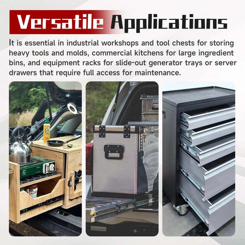 Beefy Heavy Duty 48 Inch Drawer Slides With 500 Lb Capacity Locking Full Extension Ball Bearing Rails For Tool Chests Workbenches Truck And RV Cabinets For Systems shown on drawer and cargo slide applications