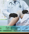 Black large nitrile gloves; ambidextrous, medical grade, used by doctor during knee examination.