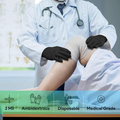 Black large nitrile gloves; ambidextrous, medical grade, used by doctor during knee examination.
