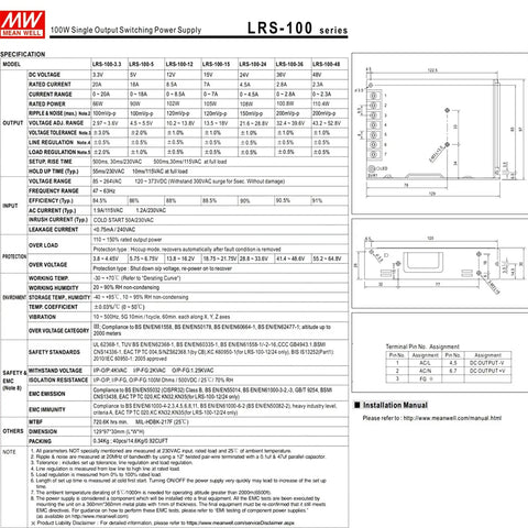 LRS-100 series 100W single output switching power supply specifications and dimensions, suitable for various applications.
