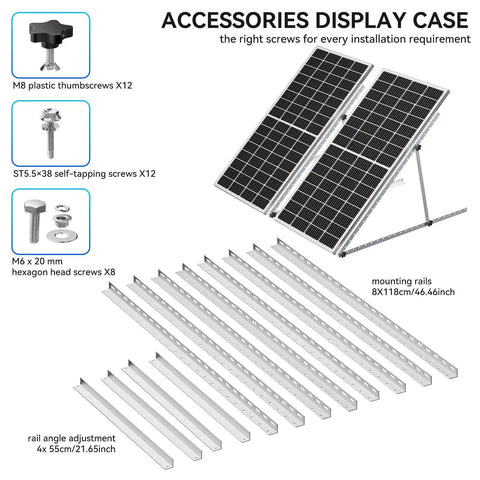 Accessories of Upgraded 47 Inch Adjustable Solar Panel Tilt Mount Brackets Set, including screws and mounting rails.