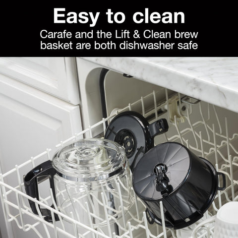 10-Cup Coffee Maker With Auto Pause And Serve, dishwasher-safe black carafe and brew basket in open dishwasher
