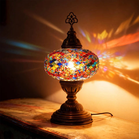 Moroccan Turkish Mosaic Glass Lamp For Bedside And Desk, colorful glass beads, E12 socket, vintage style light, handcrafted home decor.