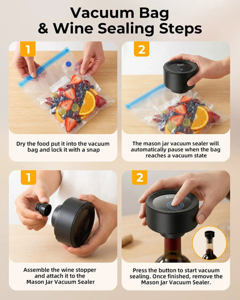 Cordless Mason Jar Vacuum Sealer Kit With Auto Stop used for sealing fruit in vacuum bags and wine bottles, step-by-step instructions shown.