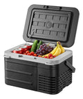 12V Portable Car Refrigerator 11 Quart Electric Cooler For Trucks And RVs with open lid showing fruits and cans inside